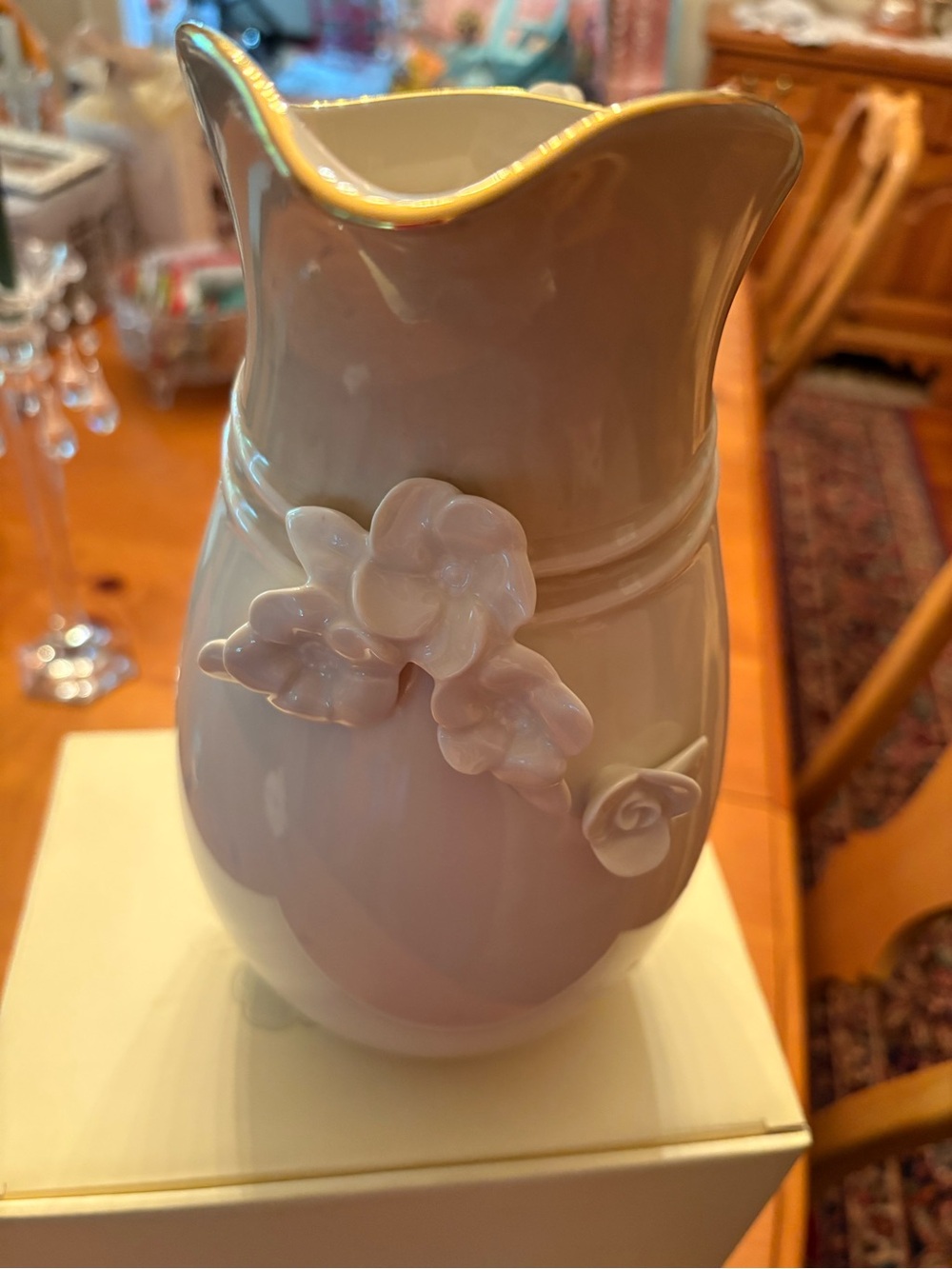 Lenox Cream Porcelain Pitcher/Vase with Gold Trim and Floral Appliqué